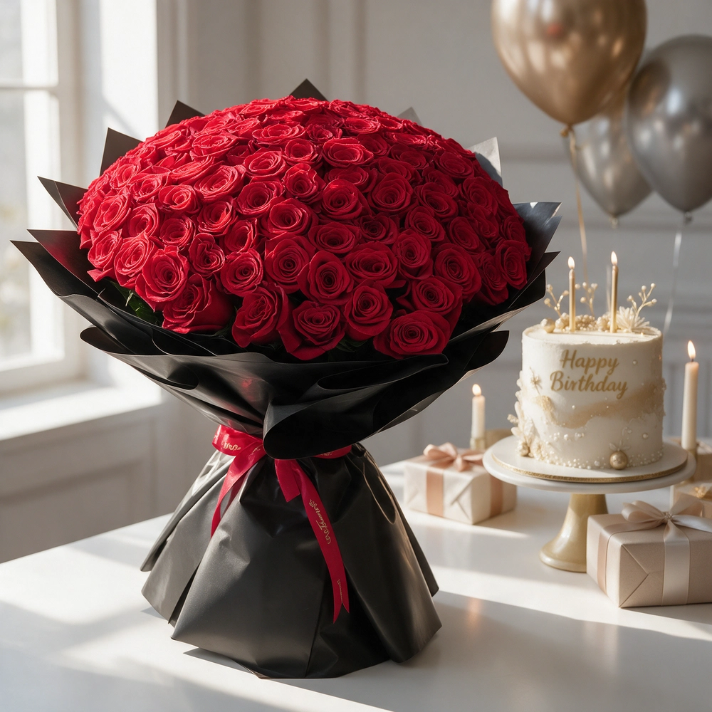 A romantic bouquet of 100 red roses in black wrapping paper tied with black ribbon