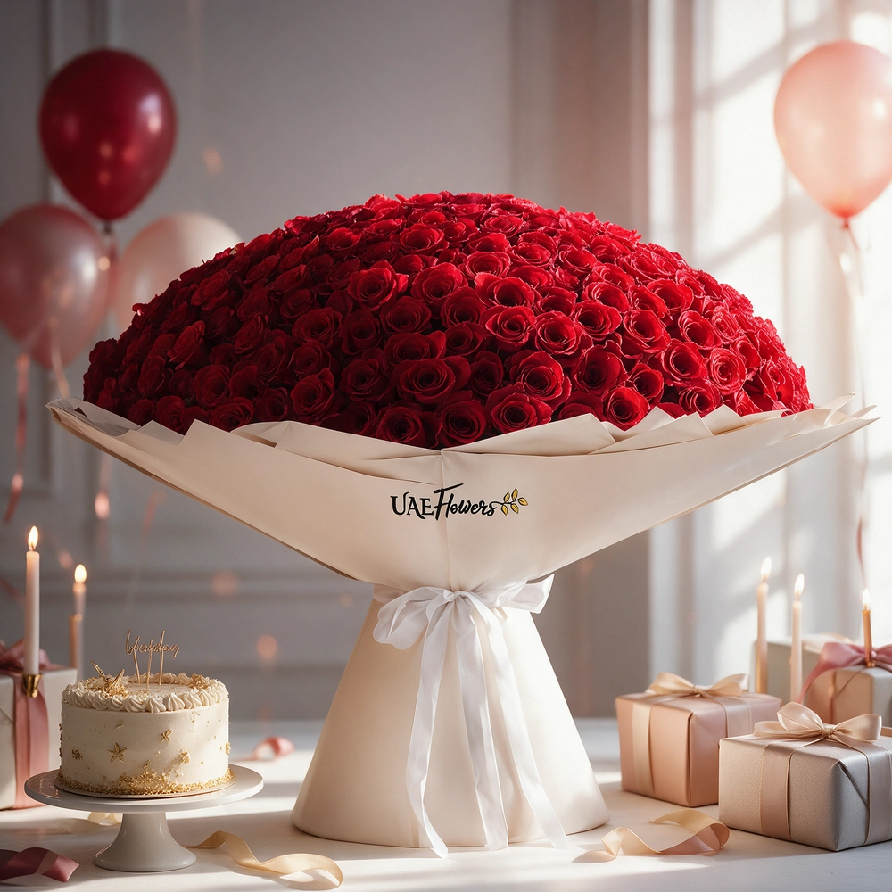A bouquet of 365 red roses, wrapped in off-white paper and tied with a white ribbon