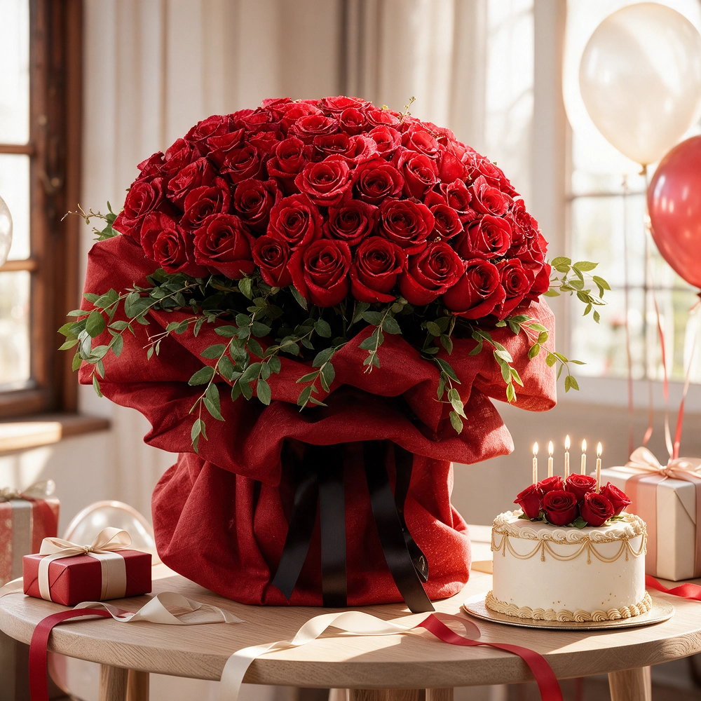 A large bouquet featuring 40 vibrant red roses paired with delicate gypsophila (baby's breath) elegantly wrapped in cream-colored paper and tied with a bold red ribbon, sitting on a table in a modern