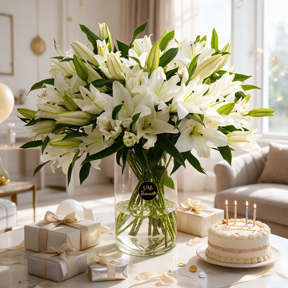 Glass vase with 20 white lilies elegantly arranged, perfect as a centerpiece or gift for weddings, anniversaries, or special occasions.