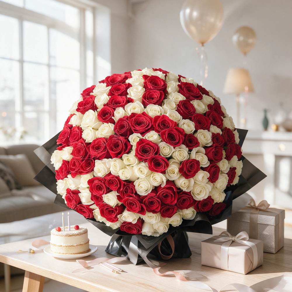 bouquet of 100 red and white roses wrapped in black paper and tied with ribbons.