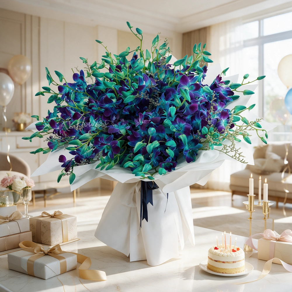bouquet of 80 blue orchids