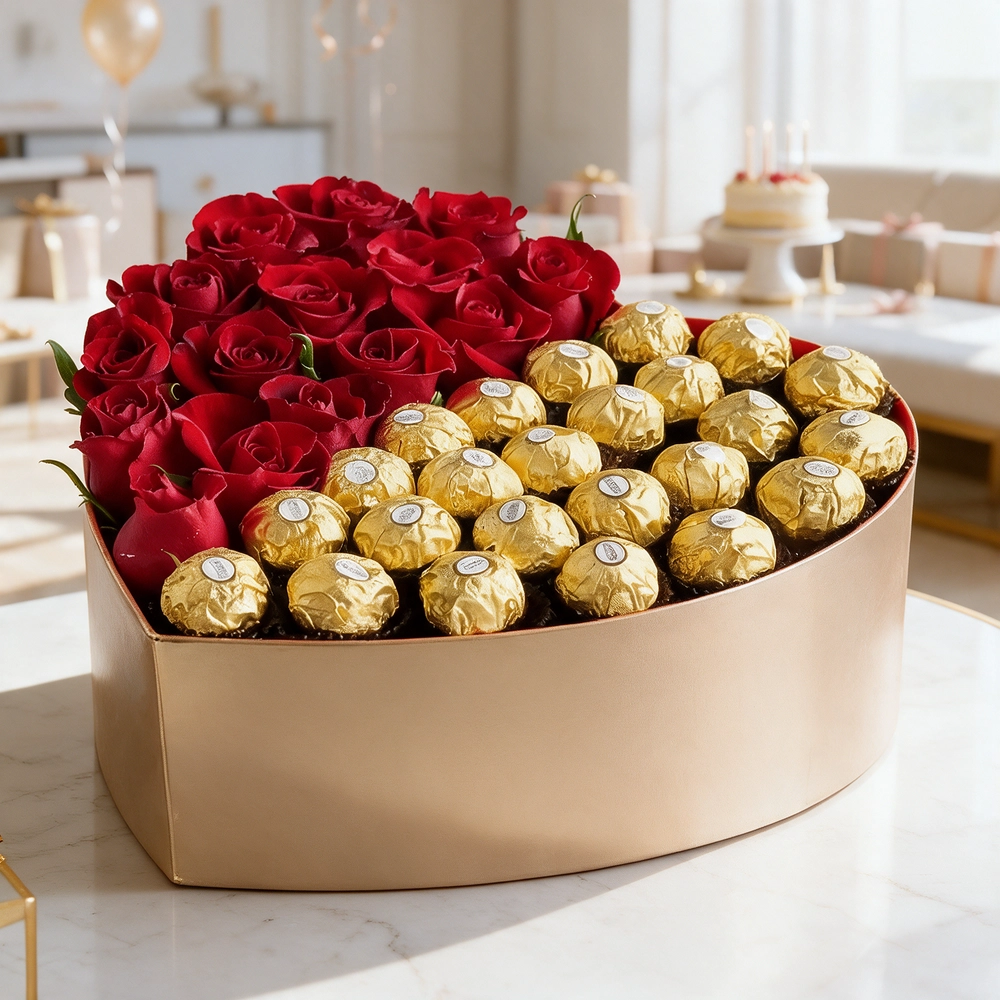 Heart-shaped box with 15 red roses and 24 Ferrero Rocher chocolates, perfect for expressing love and romance.
