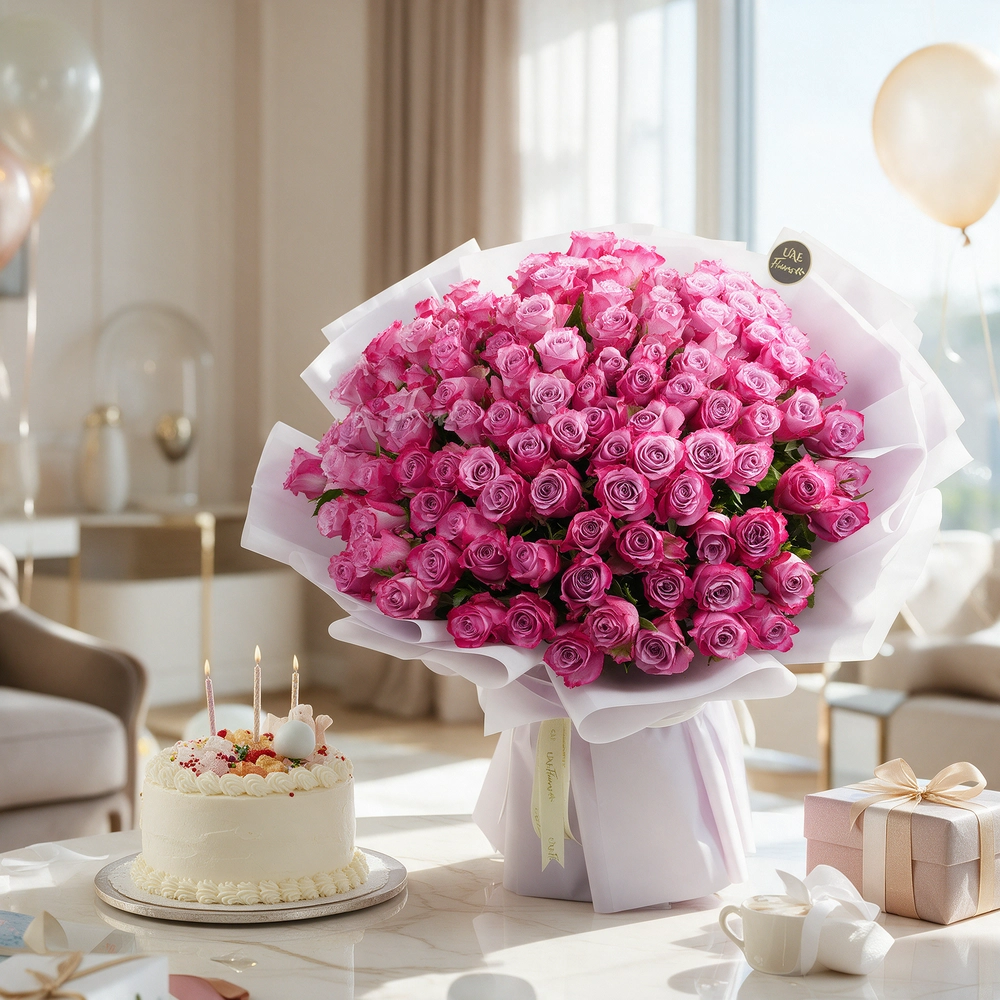 100 purple roses with fillers, wrapped in white paper and tied with ribbons