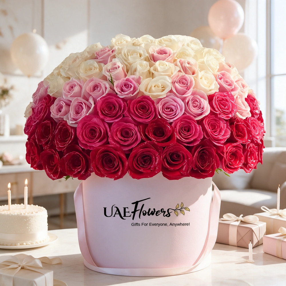 15 white roses, 15 red roses, 15 peach roses, and 15 pink roses are beautifully arranged in a round box