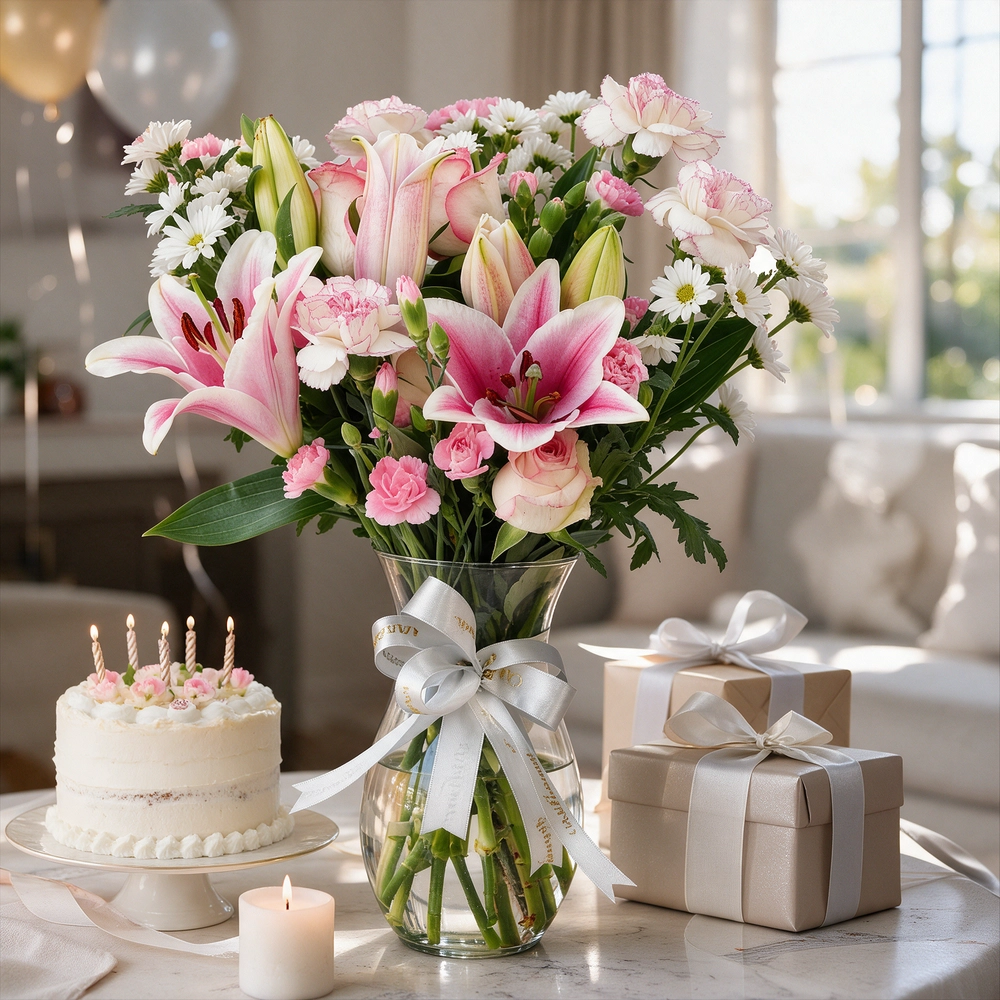 6 pink roses, 6 pink carnations, 2 pink lilies and 4 pink spray carnations with green fillers in a glass vase.