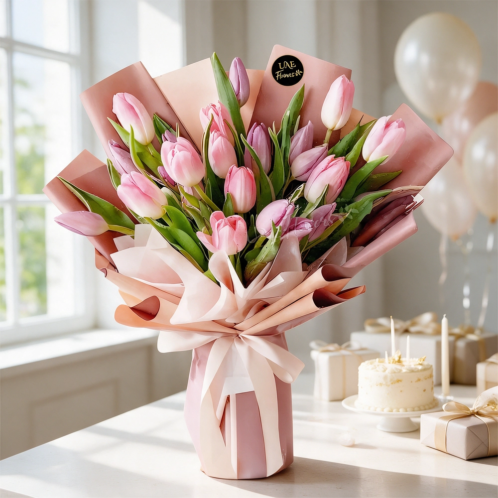 A bouquet of 20 pink tulips in pink wrapping paper tied with pink ribbon