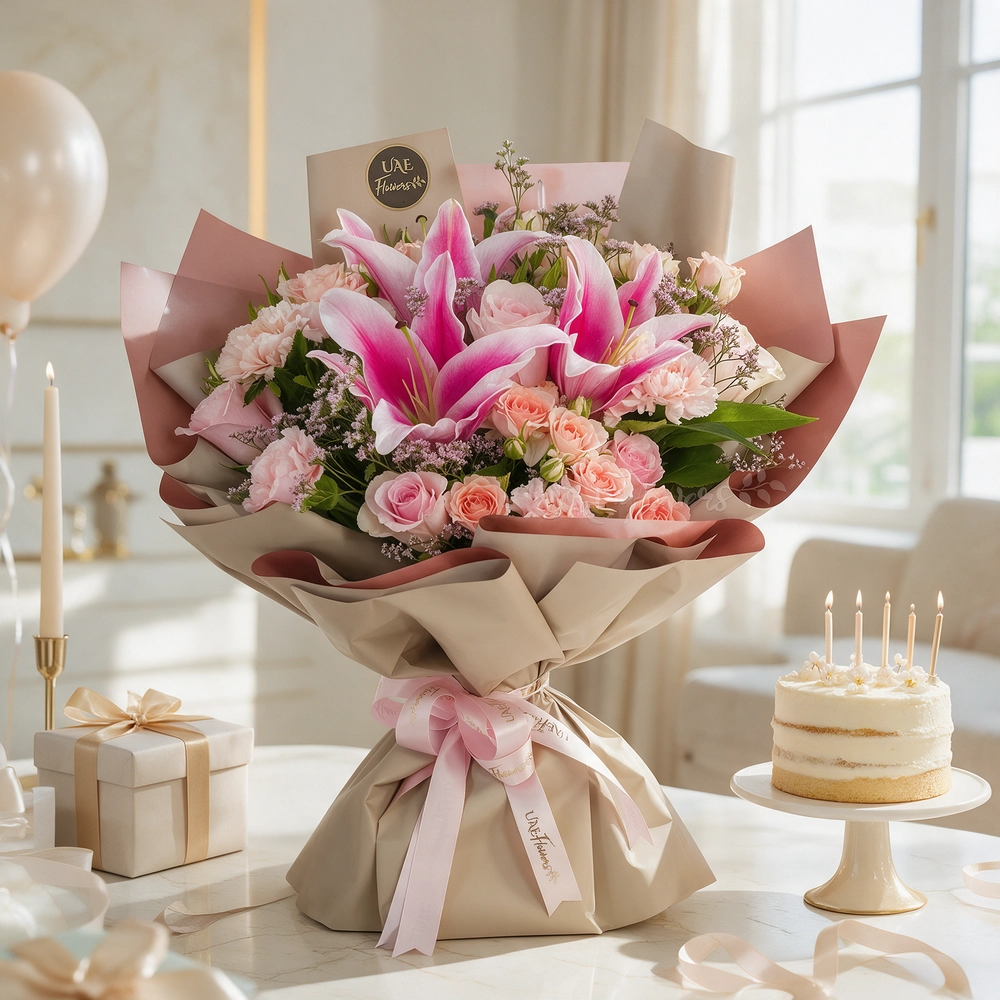 1 pink lily, 6 pink carnations, 6 pink roses, and 4 pink spray roses