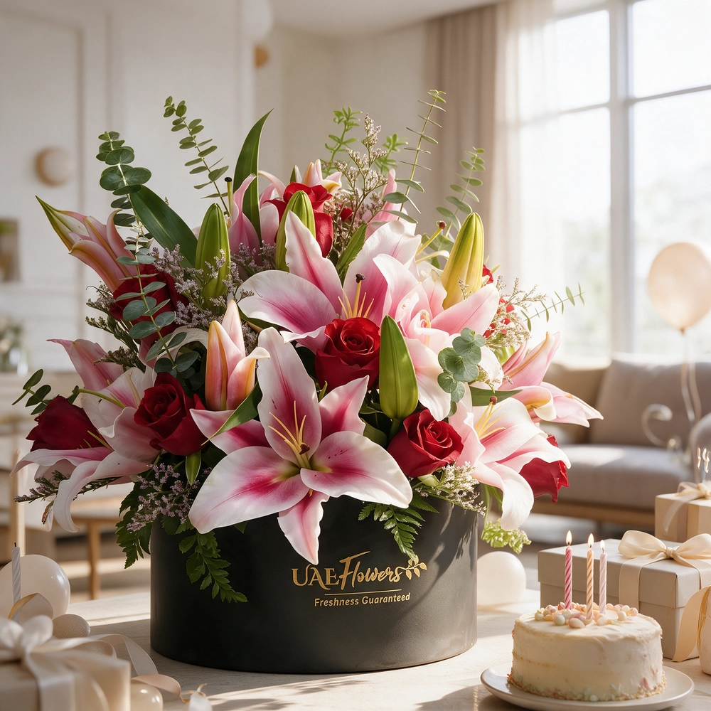 5 pink lilies and 12 red roses with eucalyptus leaf and limonium fillers in a black round box