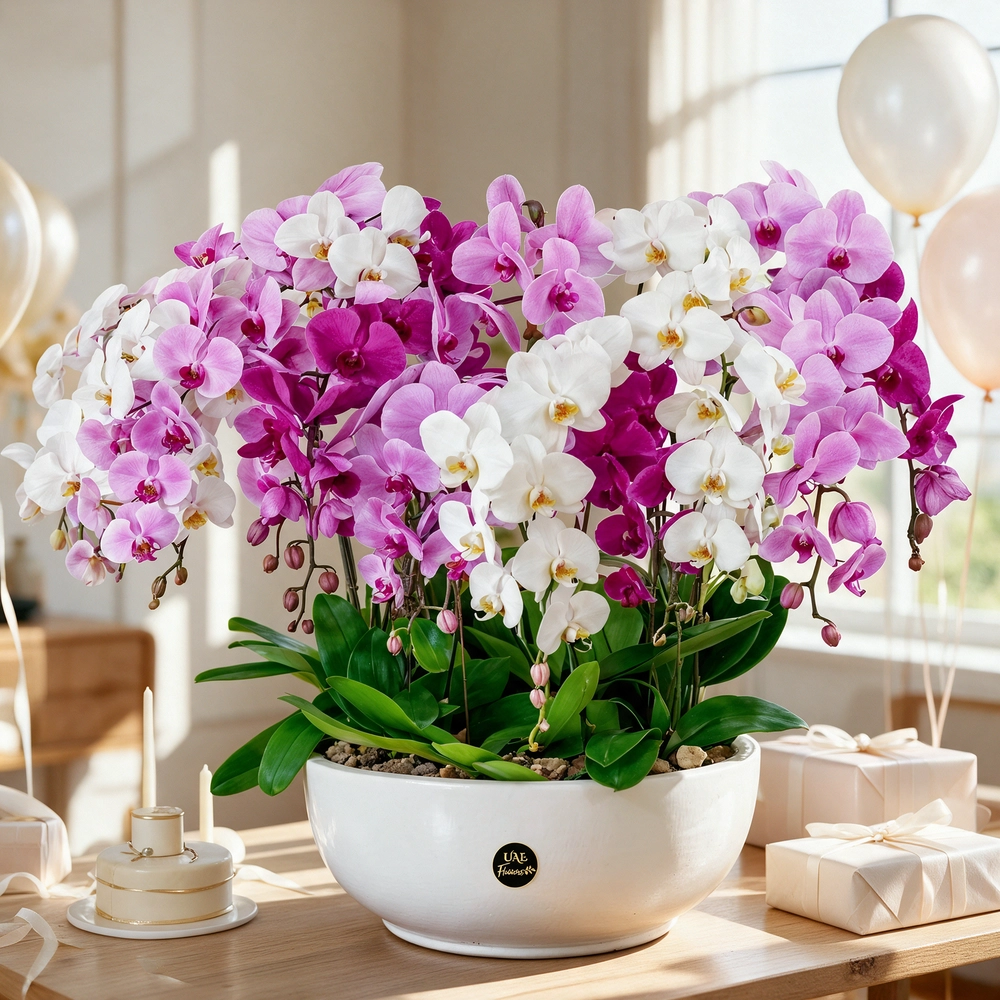 pink, white and dark pink Phalaenopsis orchids