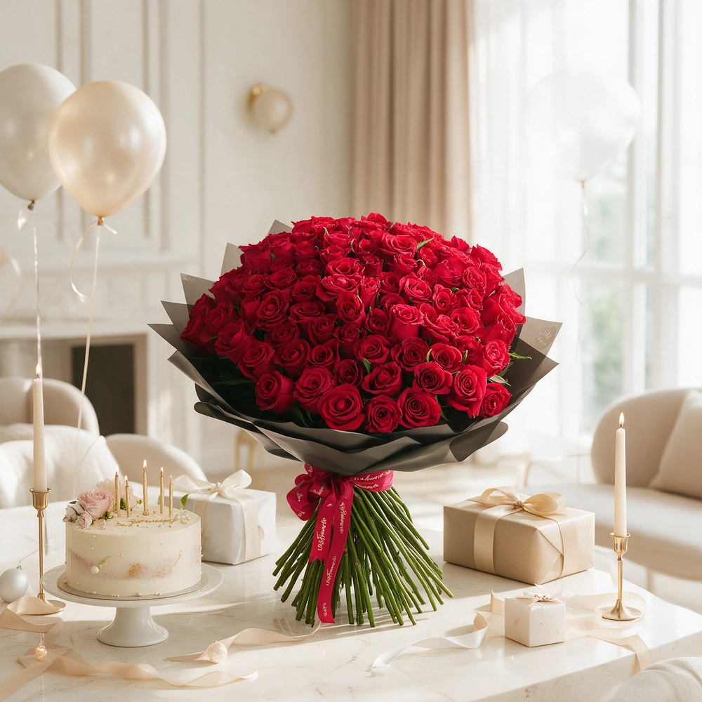 100 premium red roses hand-tied with green fillers and wrapped in black paper with satin ribbon