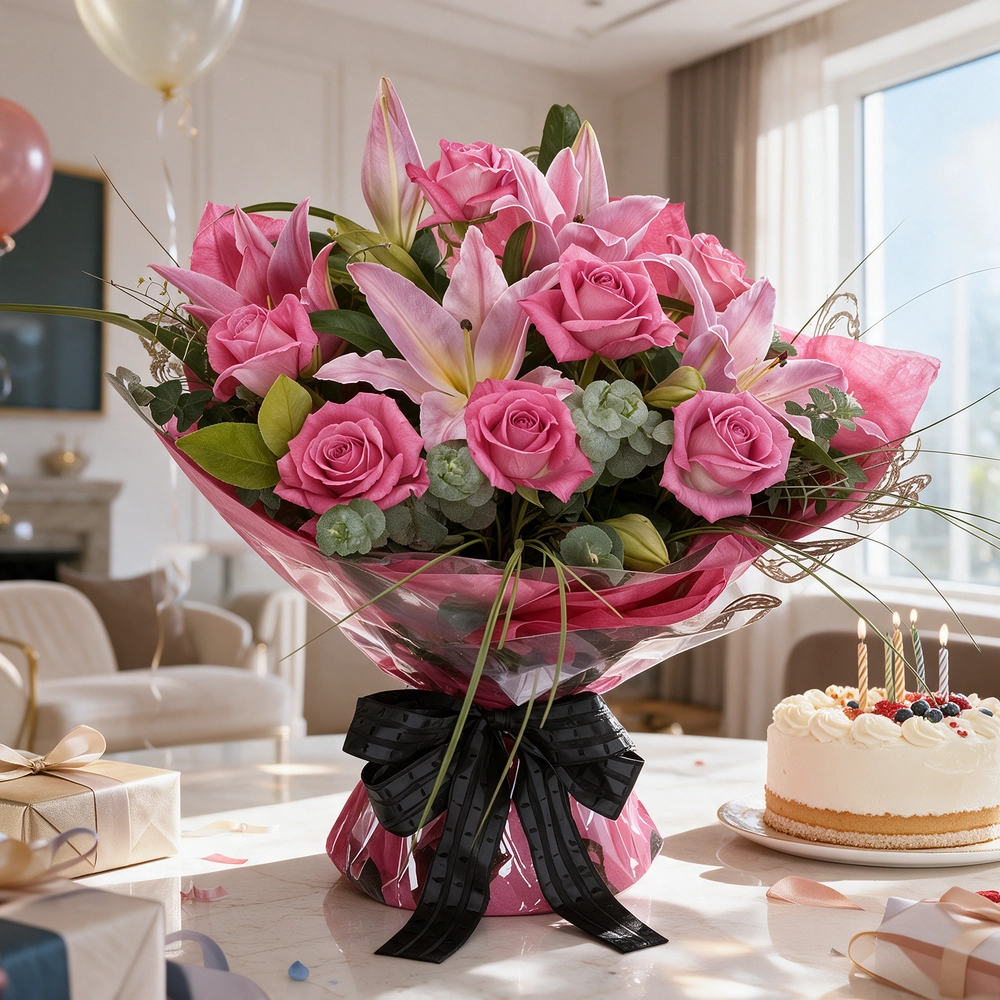A bouquet of 2 pink lilies and 8 pink roses with greens in pink wrapping paper and tied with a black ribbon