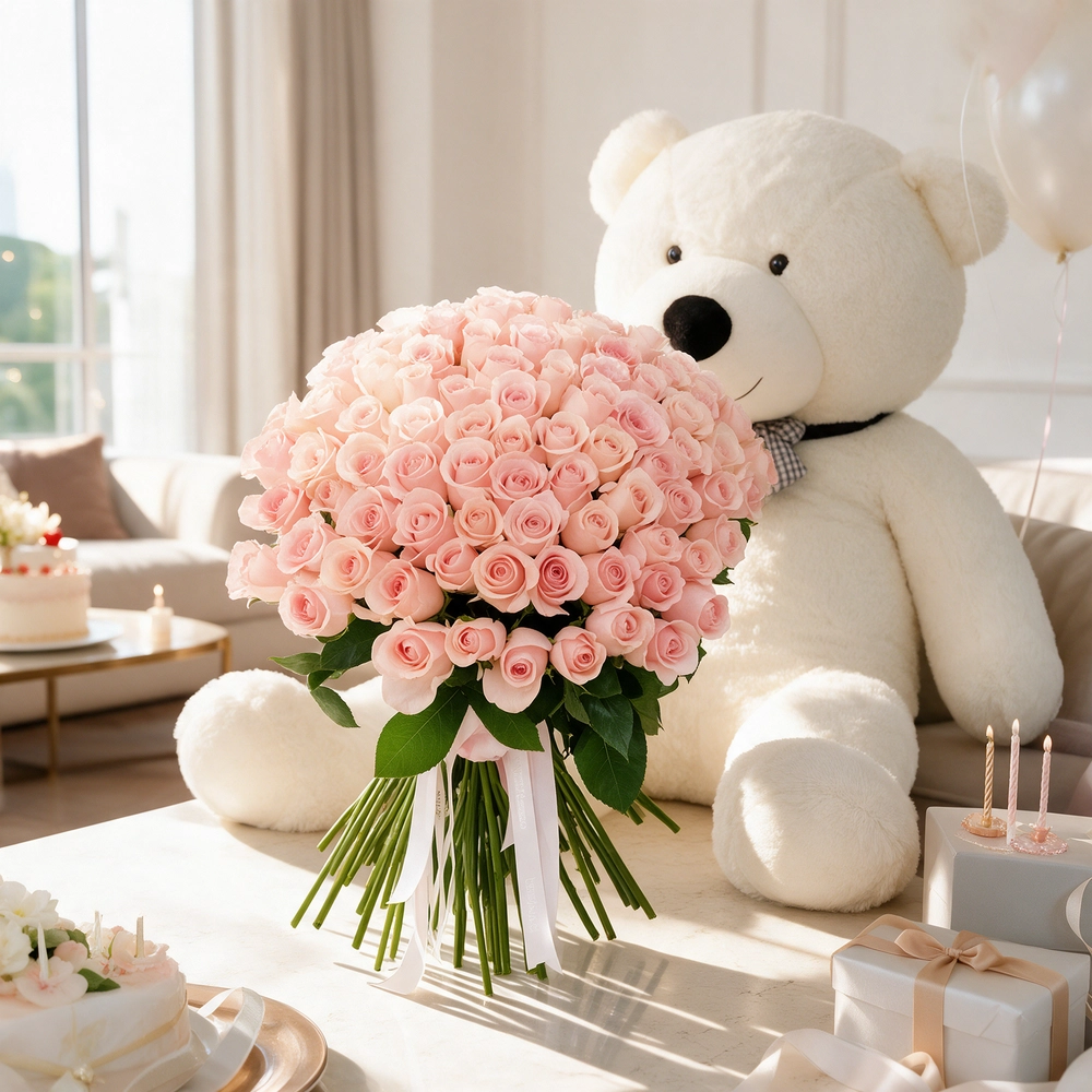 100 pink roses hand-tied with pink ribbons and a jumbo white teddy bear.