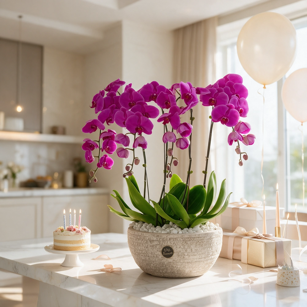 4 dark pink phalaenopsis orchid plants in a blue pot