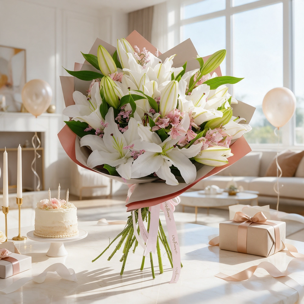 white lilies and white alstroemeria