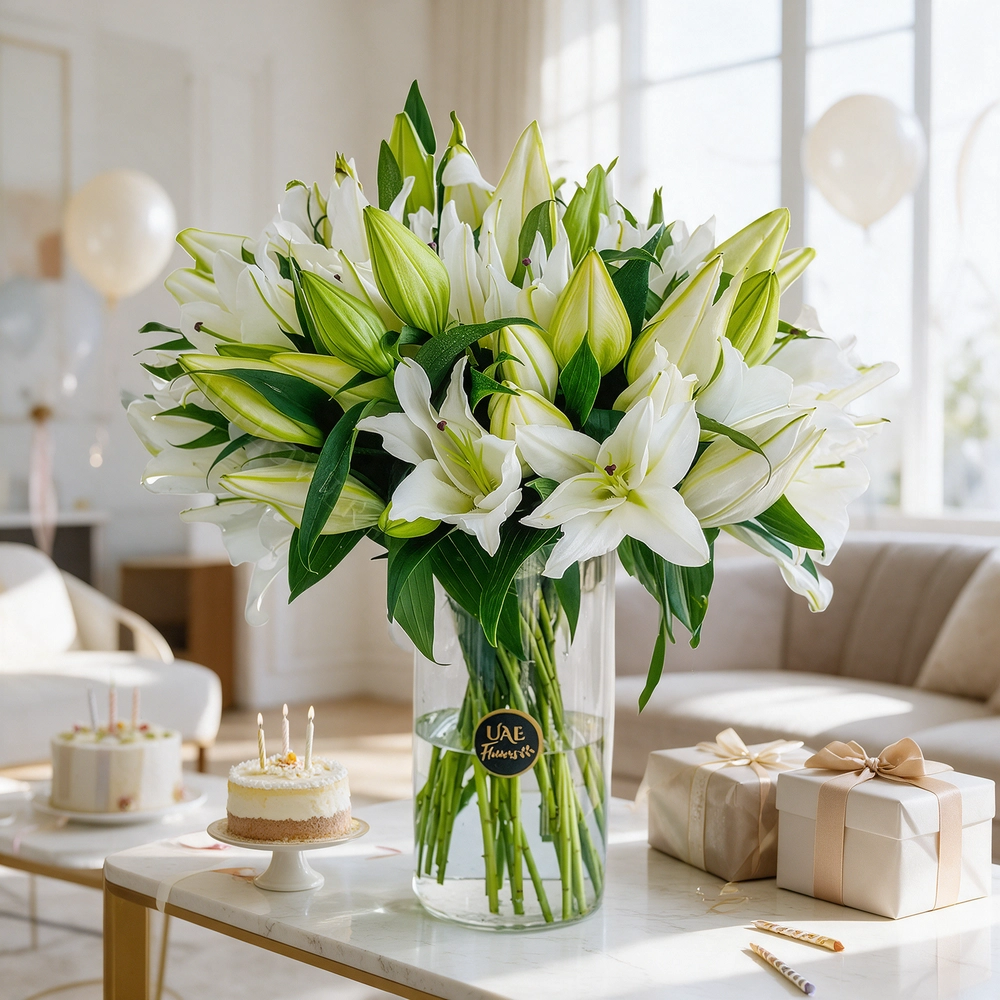 15 white lilies with green fillers in a glass vase