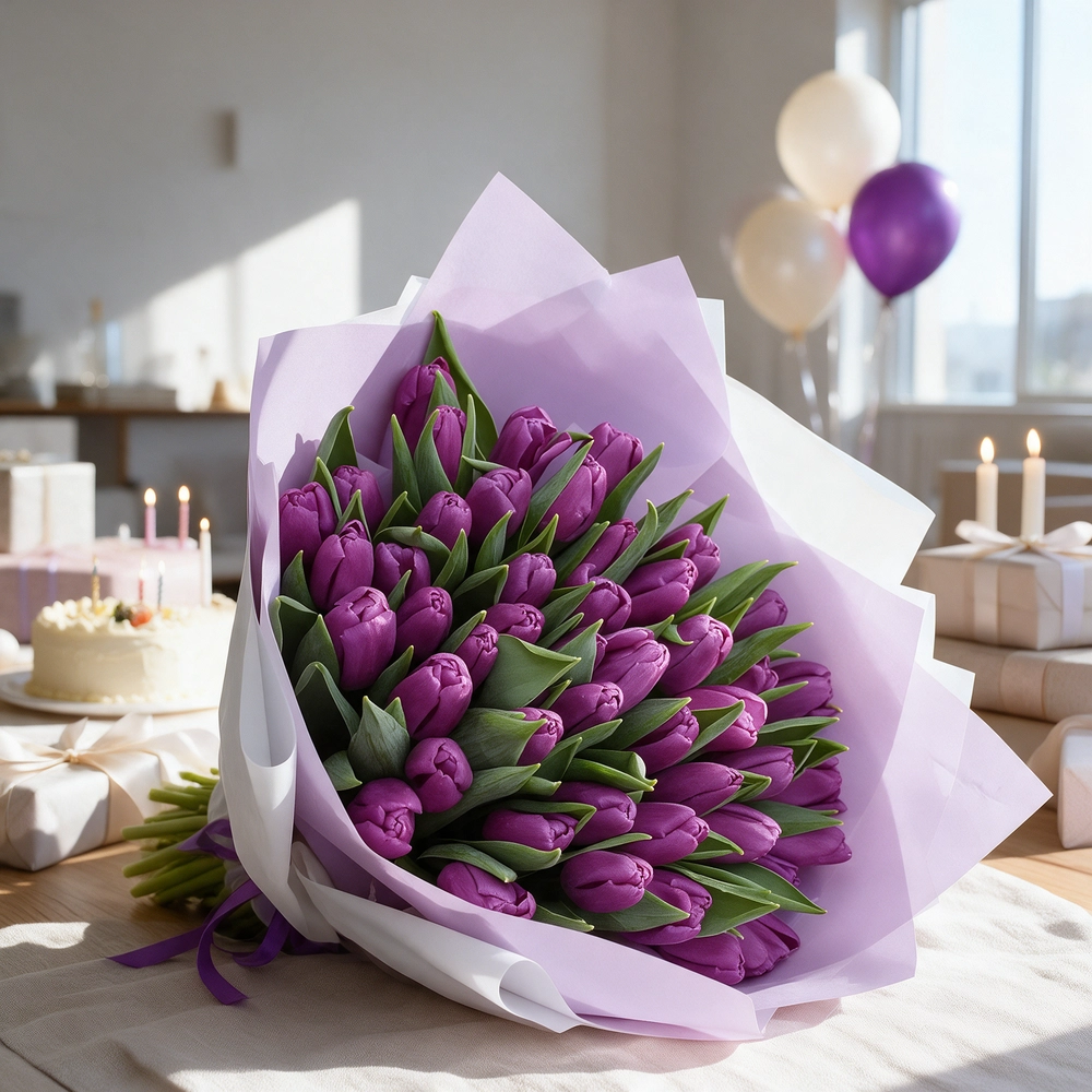 bouquet of 40 purple tulips arranged with basic green fillers