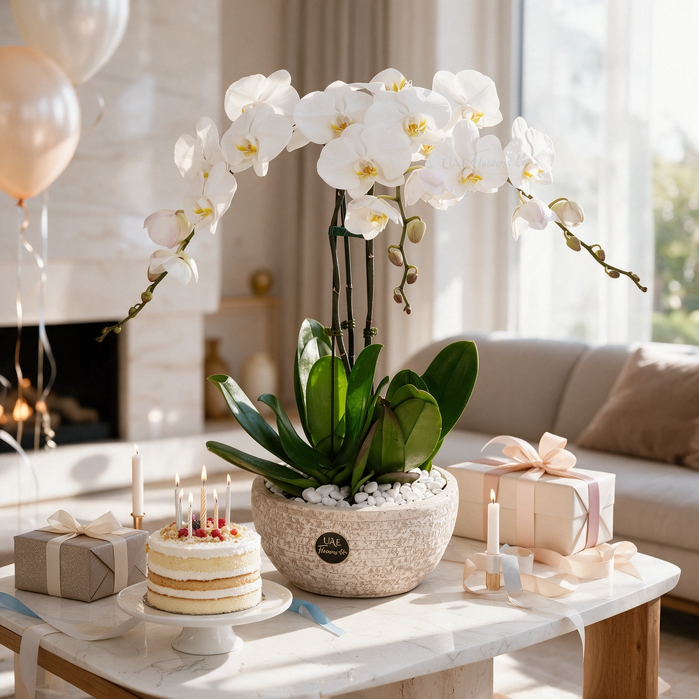 3 white phalaenopsis orchids in a white pot