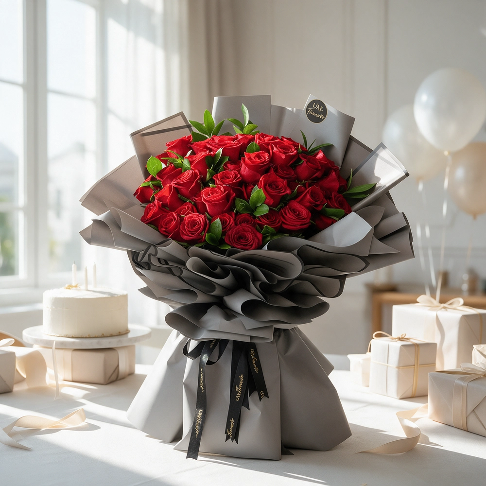 A bouquet of 40 red roses in white wrapping paper and tied with a red ribbon