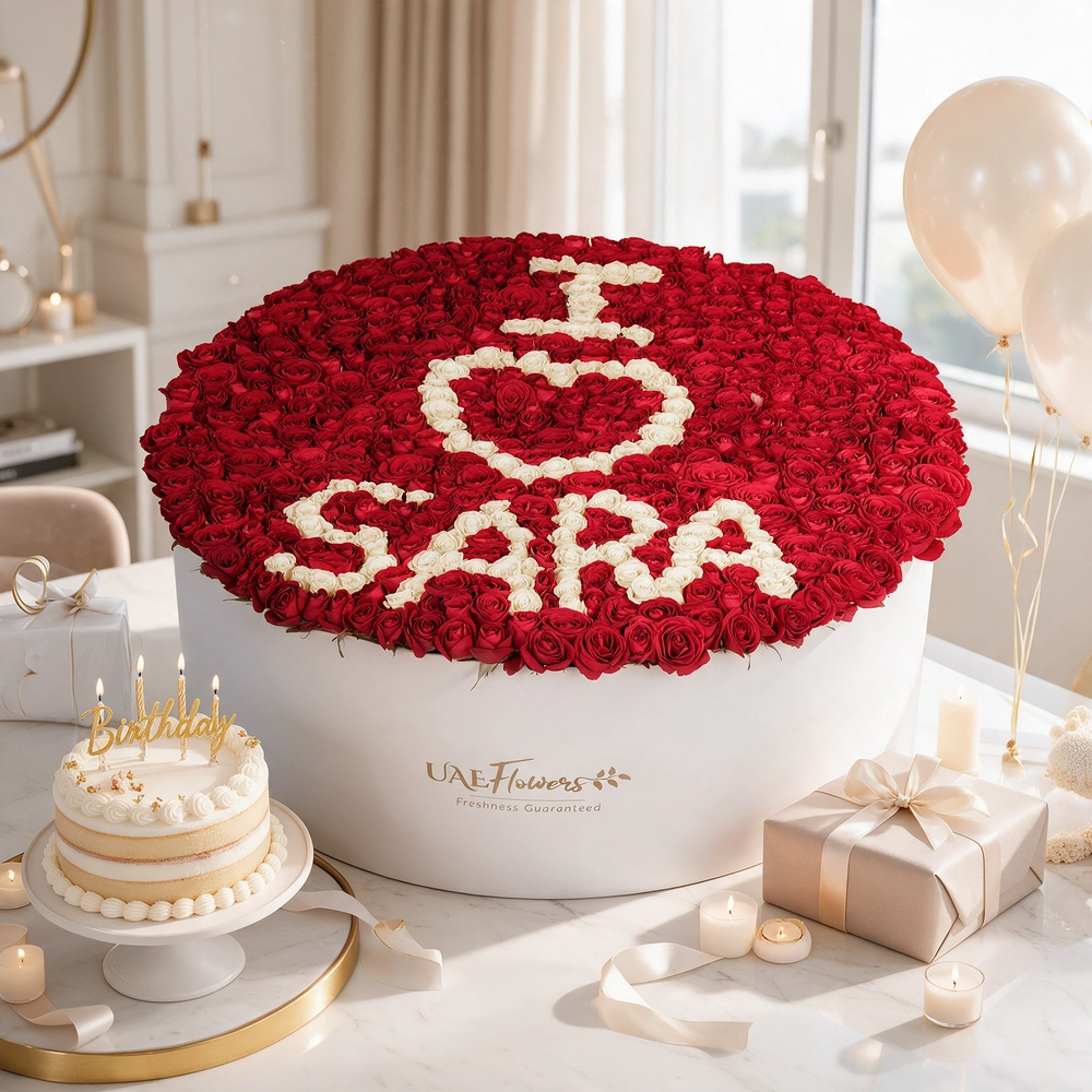 large flower box featuring 500 red rose buds and spray roses