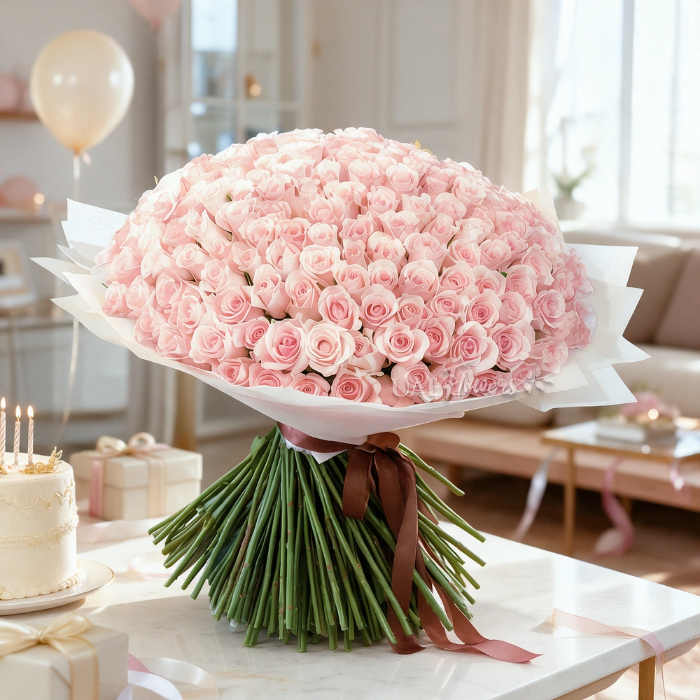 Luxurious bouquet of 200 handtied pink roses wrapped in white paper and tied with satin ribbon – elegant grand floral gift by UAE Flowers.