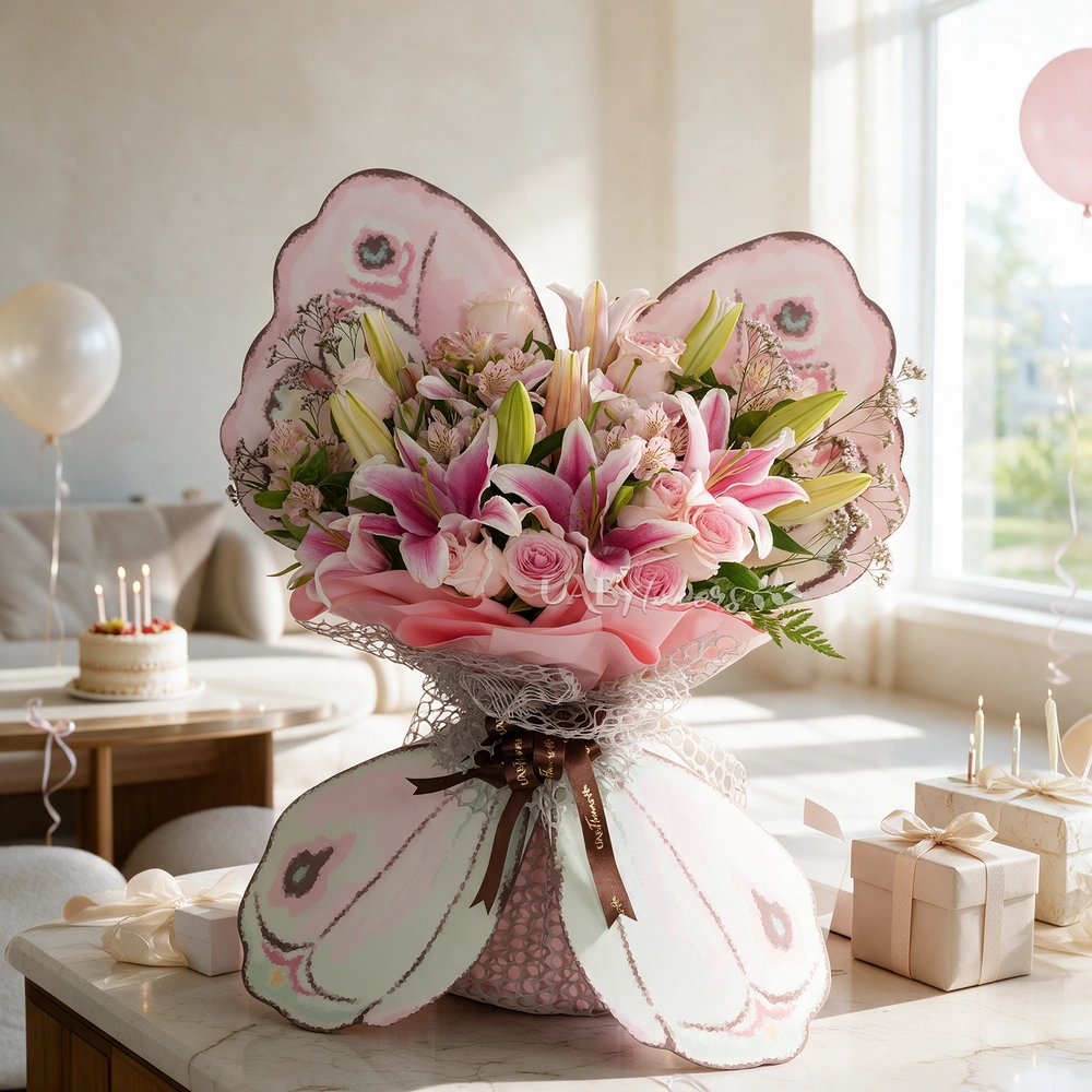 butterfly-shaped bouquet of 3 pink lilies, 10 pink roses, and 3 pink alstroemerias