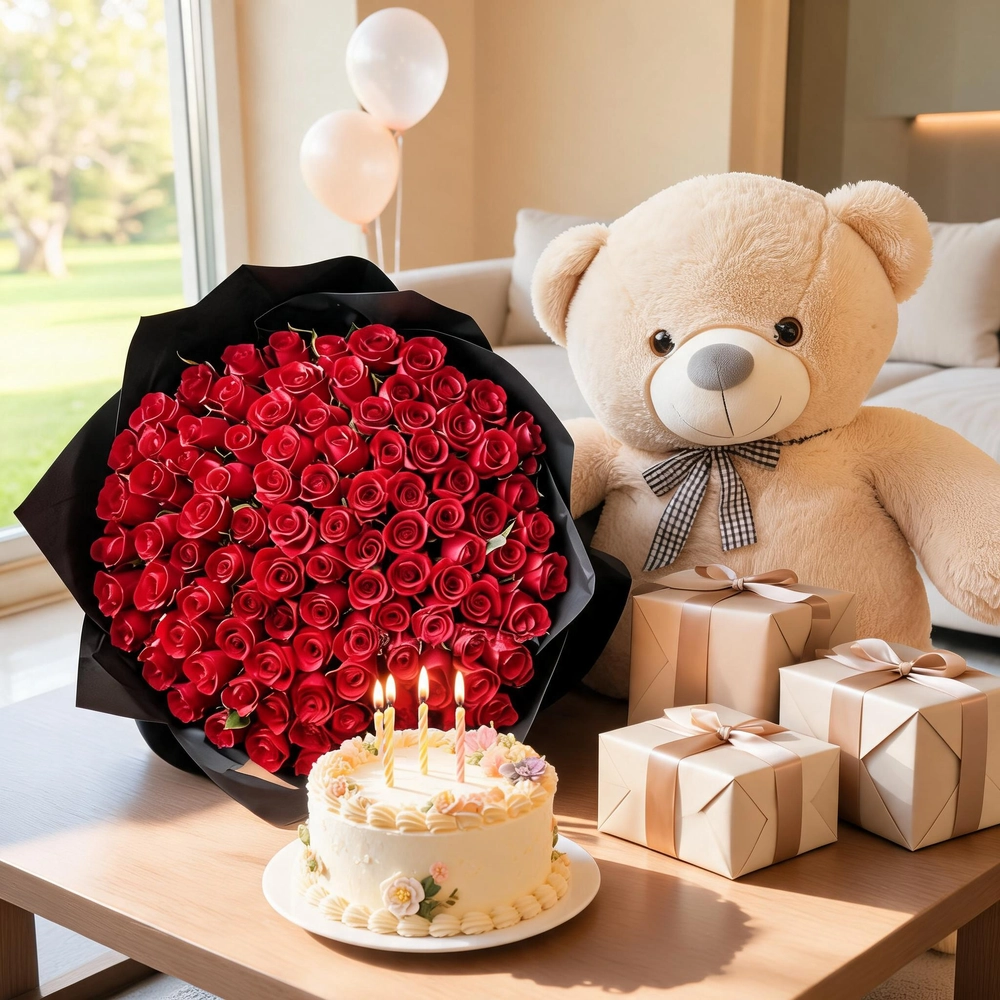 bouquet of 100 red roses in black paper wrap with ribbons and a brown jumbo teddy bear