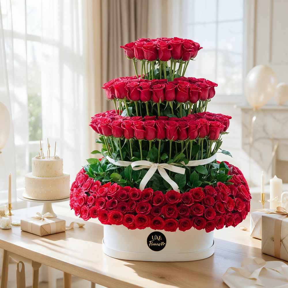 200 red roses arranged in 4 standing layers placed inside a white round box