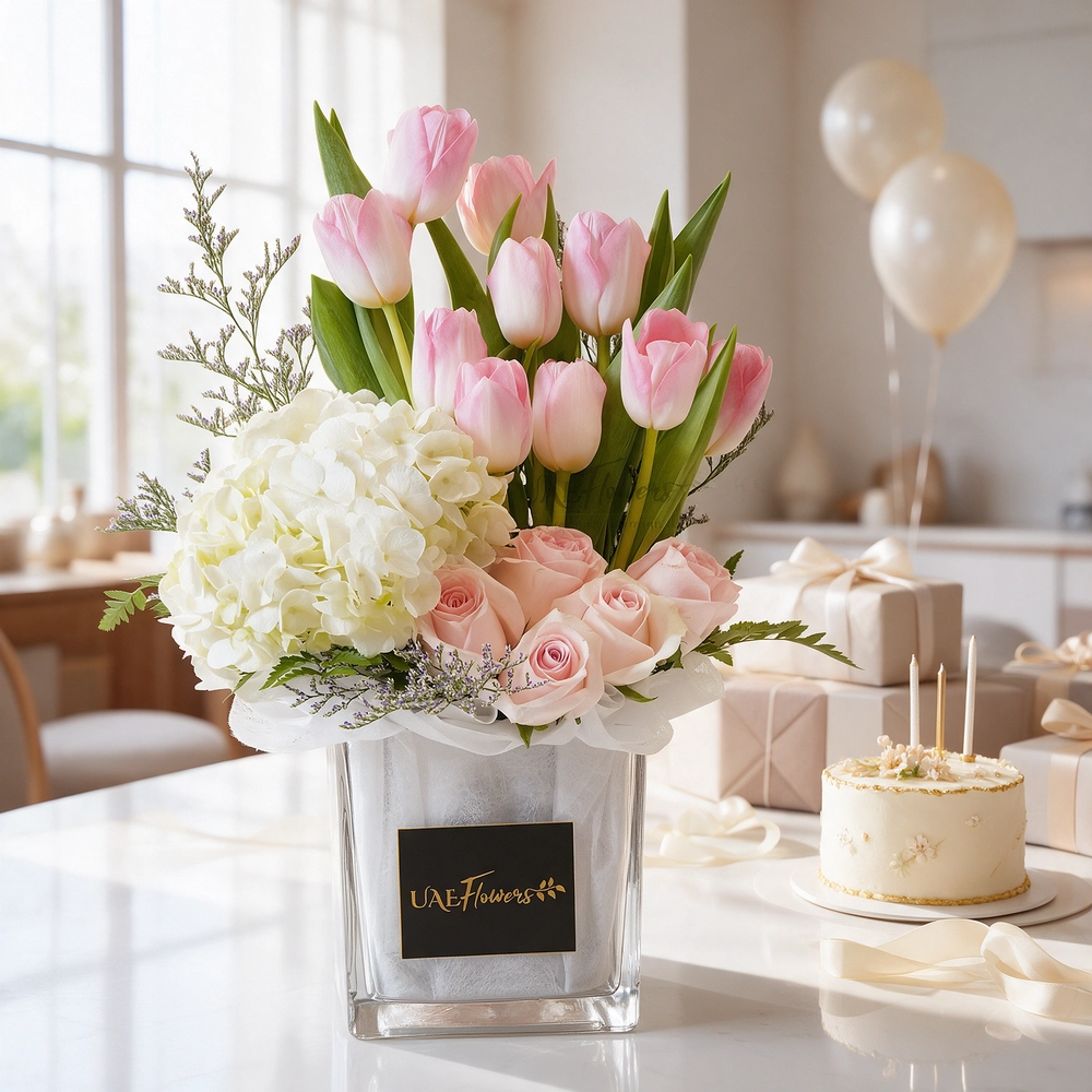 10 pink tulips, 6 pink roses & white hydrangea in a vase