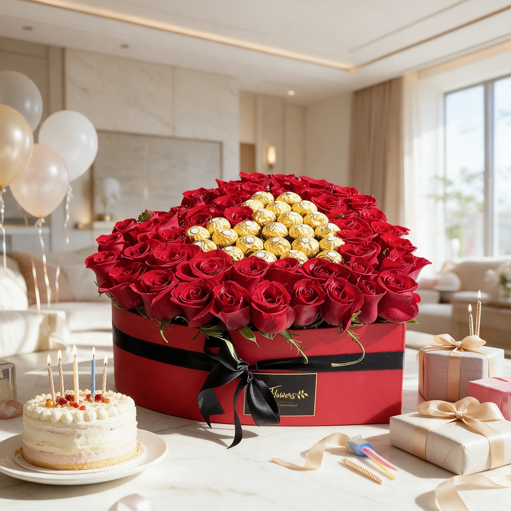 A heart shaped arrangement of 50 red roses & 24 pieces of ferrero rocher in a red box tied with black ribbon