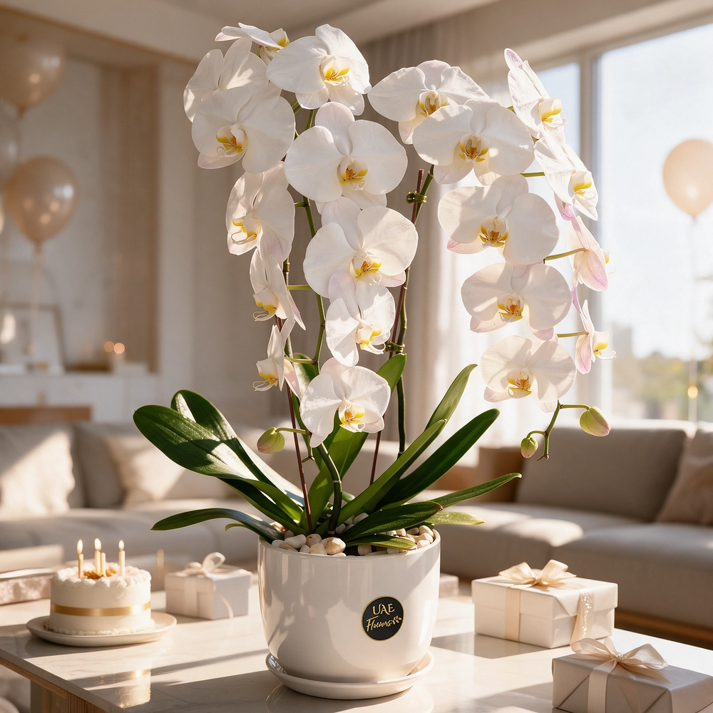2 white phalaenopsis orchid plants in a white pot
