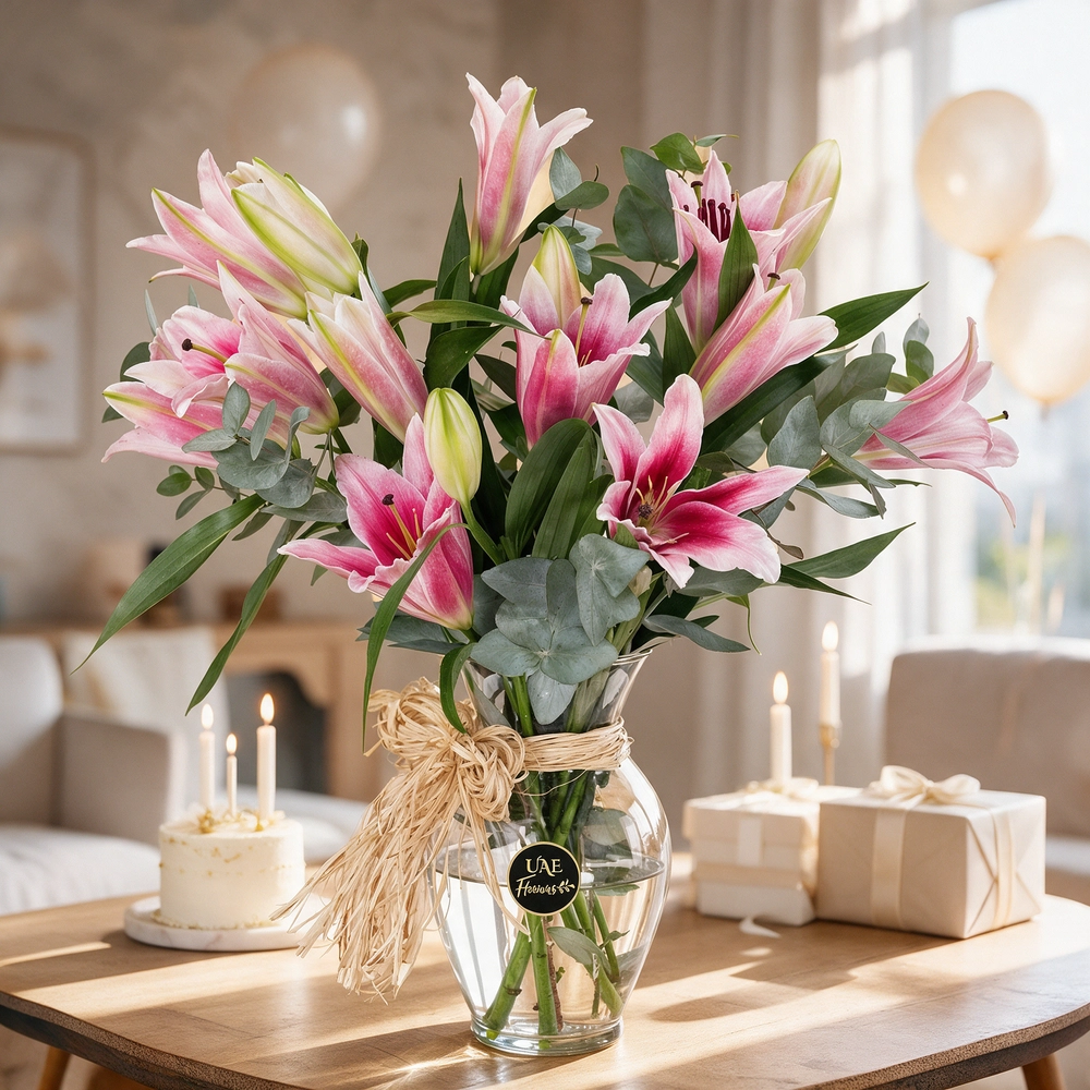 5 pink lilies with fillers in a glass vase