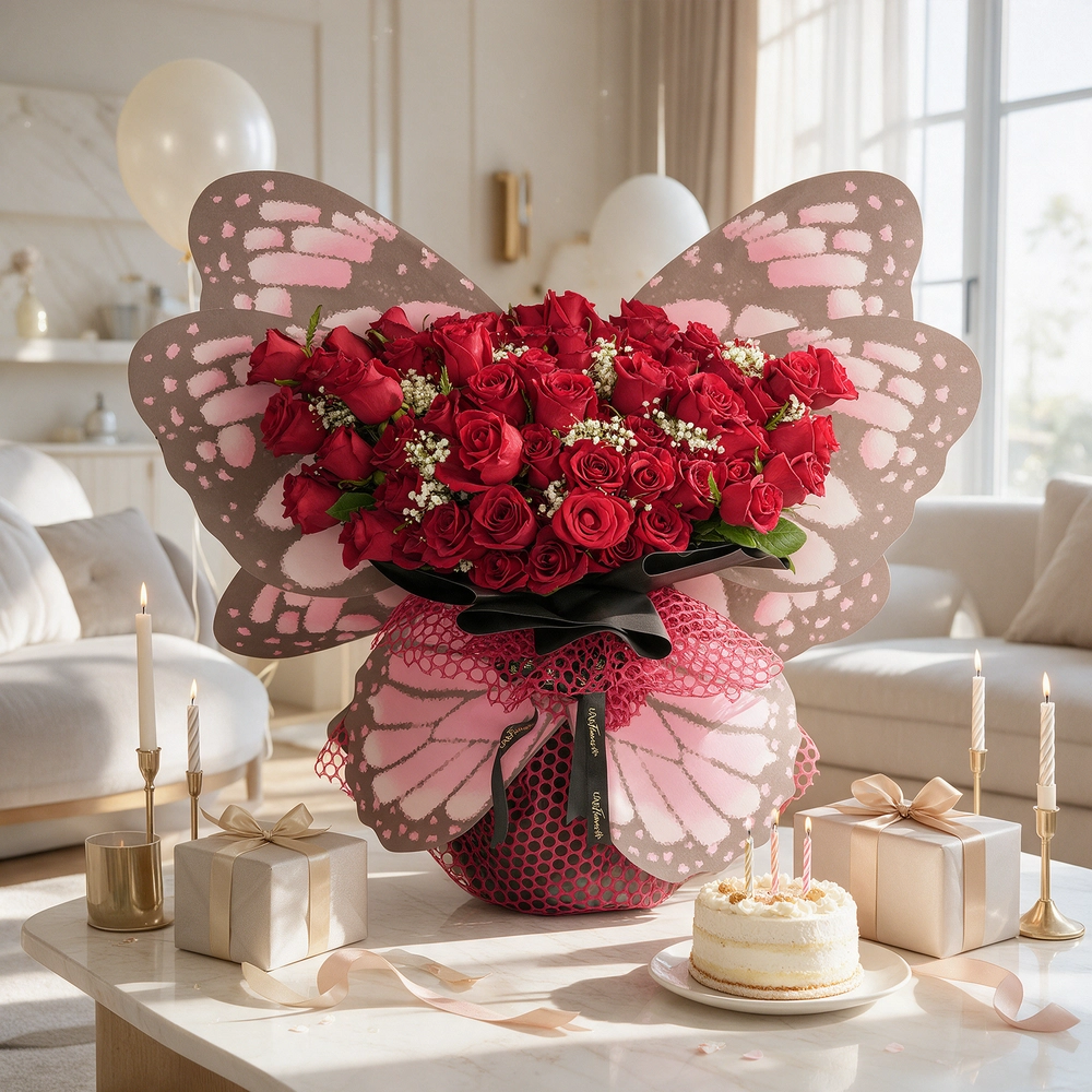 butterfly bouquet of 50 red roses with baby’s breath and green fillers