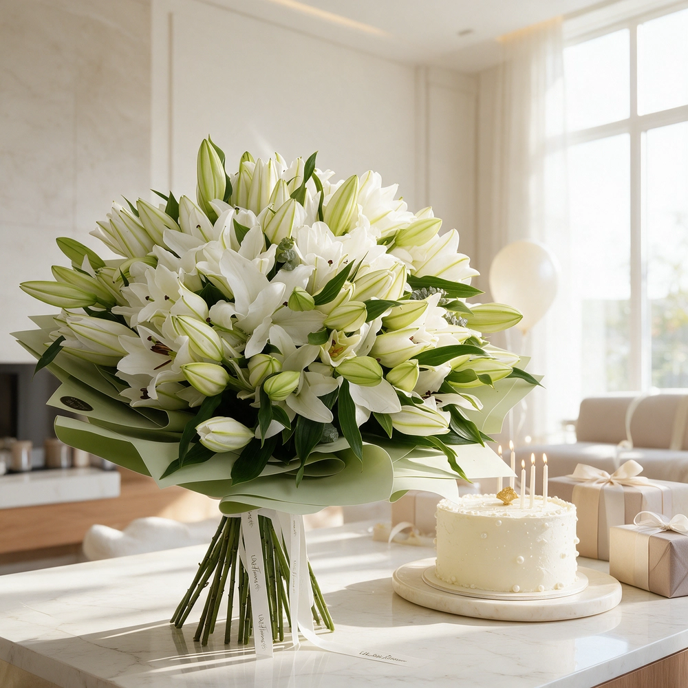bouquet of 20 white lilies with green fillers wrapped in pastel green paper