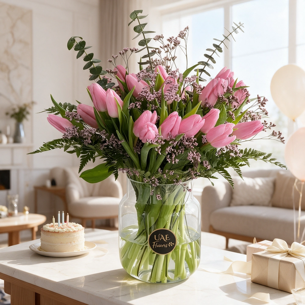 30 pink tulips with fillers in a glass vase