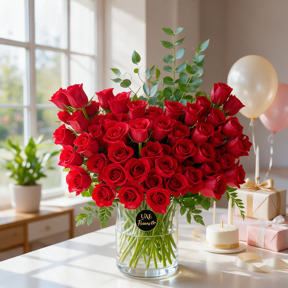 An arrangement of 60 red roses and eucalyptus leaves in a glass vase