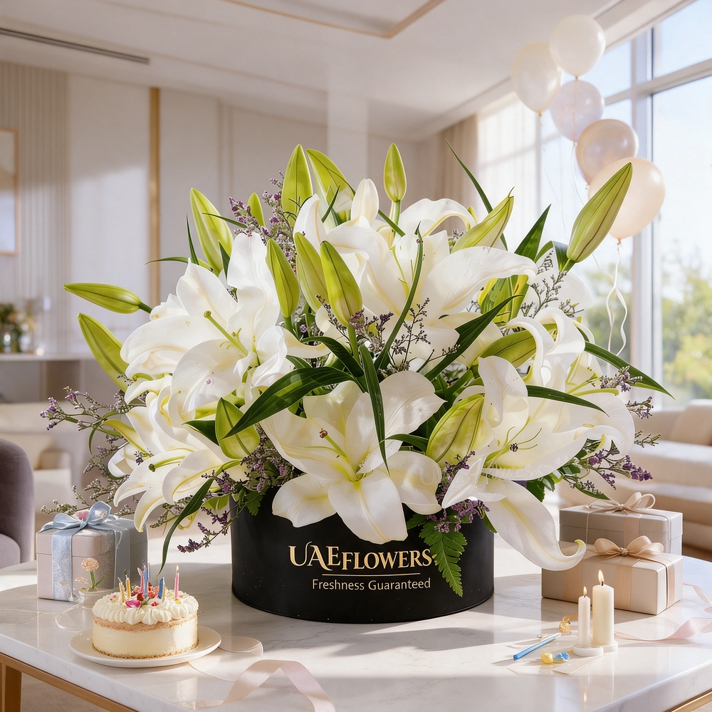 6 white lilies with limonium and green fillers in a black box
