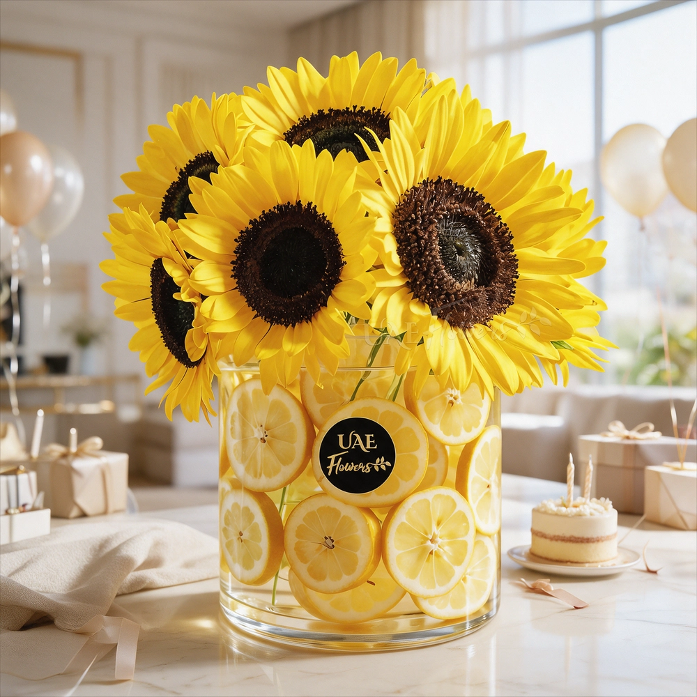 10 sunflowers & yellow lemons filled in a vase
