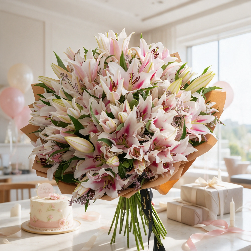 Bouquet of 30 pink lilies elegantly wrapped in premium paper and tied with ribbons – graceful and fragrant floral gift by UAE Flowers.