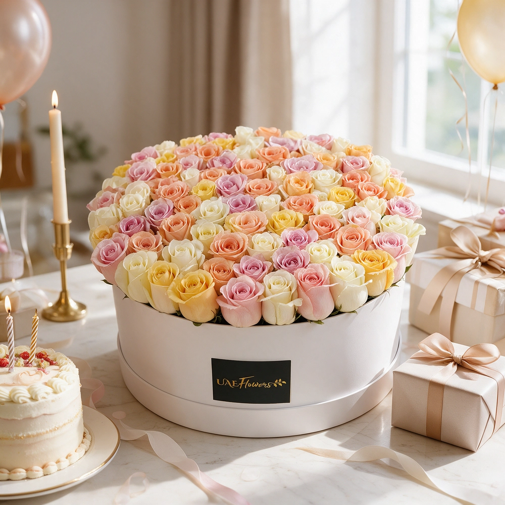 120 pastel-colored roses arranged in a box with green fillers