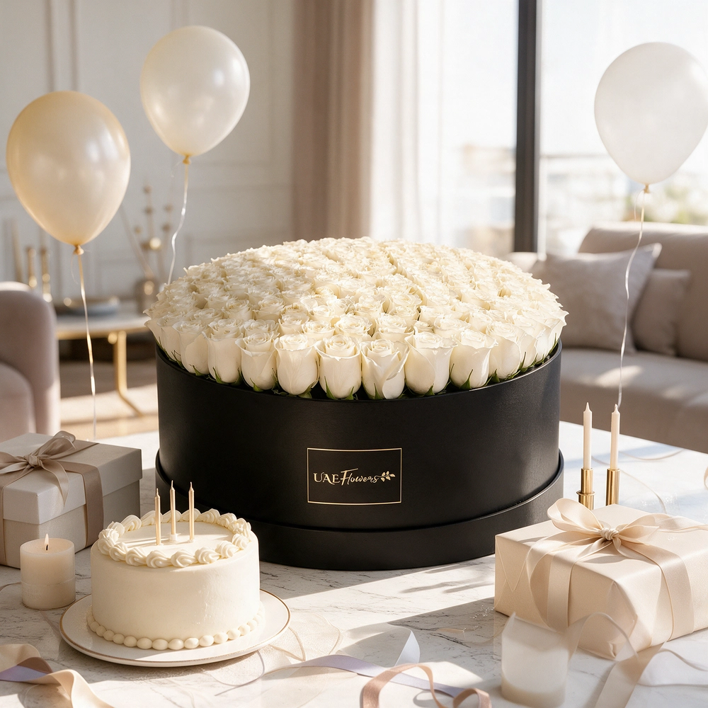 120 white roses neatly arranged in a box