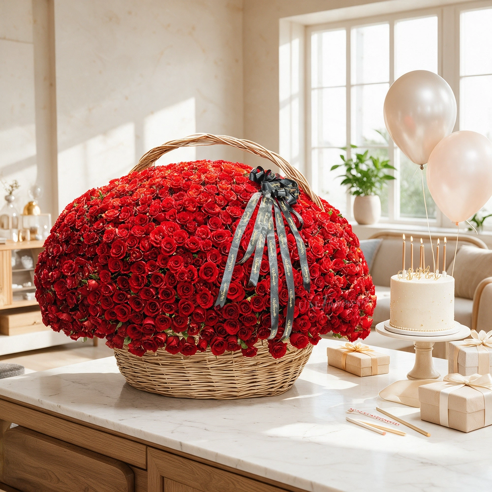 Wicker basket filled with 1000 premium red roses and tied with black satin ribbon