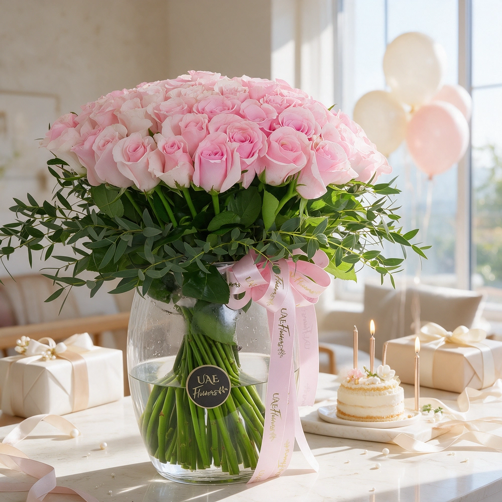 Glass vase arrangement with 40 pink roses and green fillers, tied with pink ribbons, perfect for birthdays, anniversaries, or expressing love and admiration.