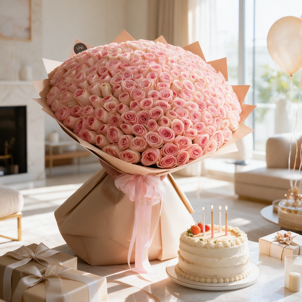 bouquet of 200 pink roses arranged with soft fillers