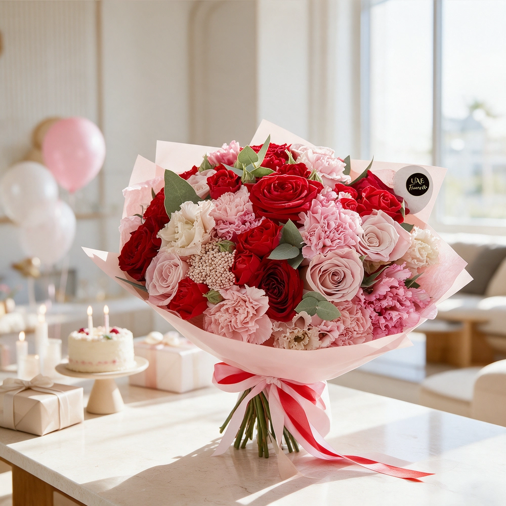 A bouquet containing 25 red and pink roses, 15 pink and white carnations with fillers, wrapped in pink paper, and tied with a red ribbon
