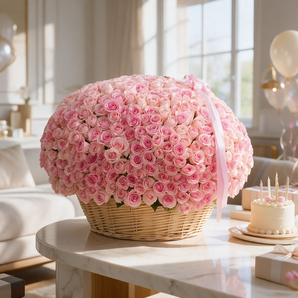 round basket filled with 600 pink roses