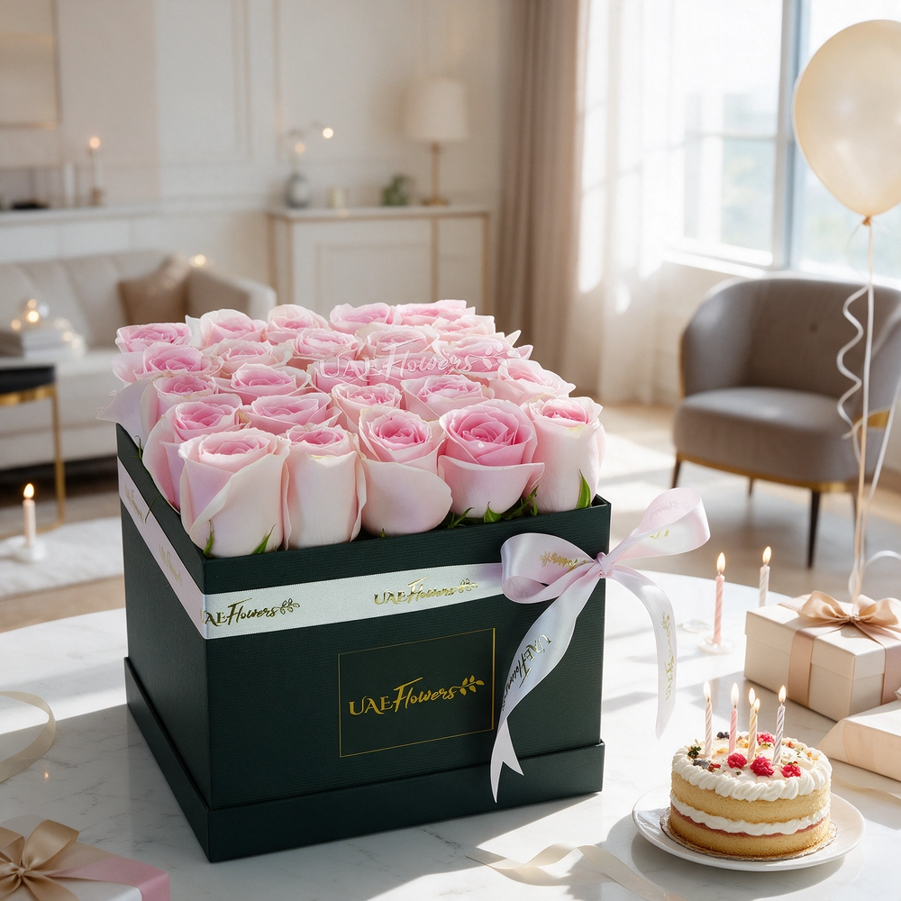 25 pink roses arranged in a square box