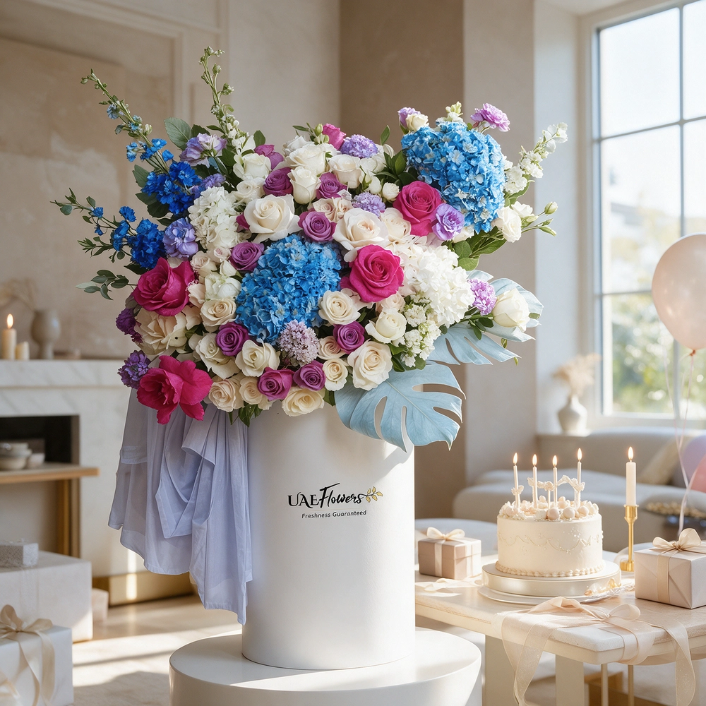 An arrangement of blue hydrangeas, white hydrangeas, purple roses, white roses, purple lisianthus, white spray roses, blue delphinium, fushia roses with green fillers and blue net in a tall round box.
