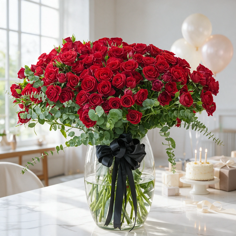 40 red spray roses with eucalyptus in a glass vase.