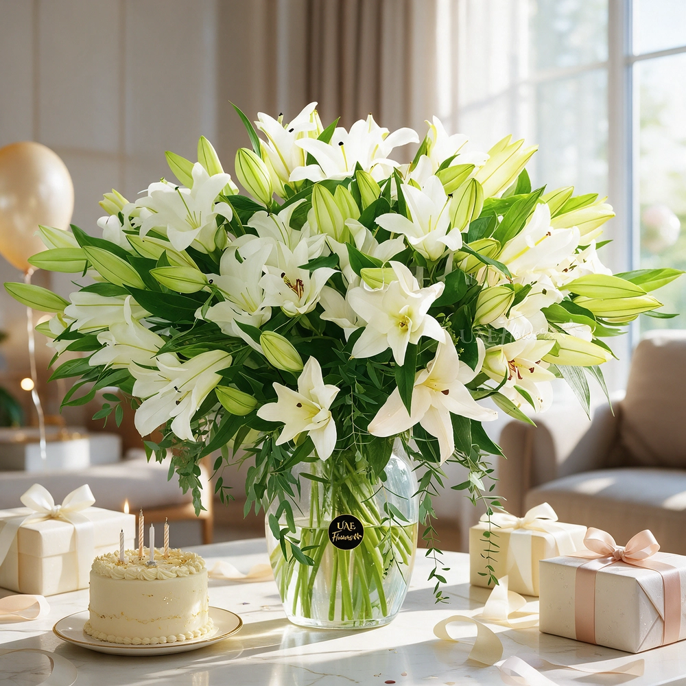 glass vase with 20 white lilies and green fillers